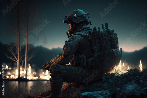 Soldier with an assault rifle and tactical gear, sitting near a campfire in a forest, very dark night, Generative AI 
