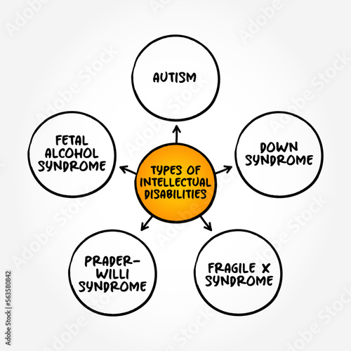 Types of intellectual disabilities (generalized neurodevelopmental disorder) mind map concept background