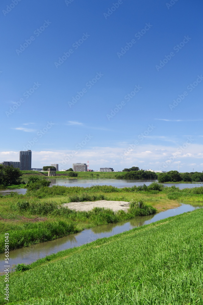 土手から見る秋の台風一過の翌朝の増水した江戸川と冠水した河川敷風景 土手から見る秋の台風一過の翌朝の増水した江戸川と冠水した河川敷風景