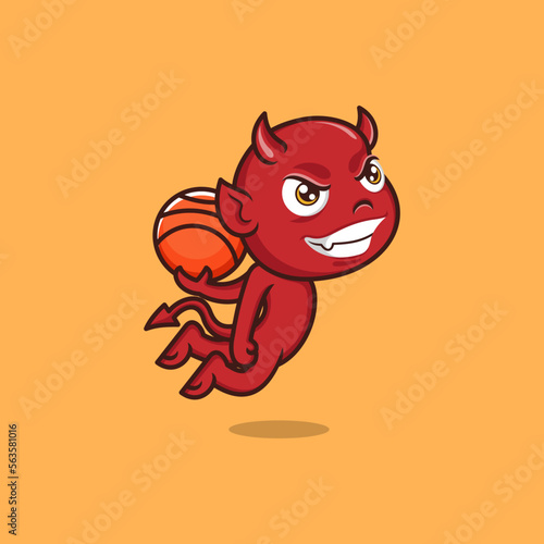 cute cartoon devil playing basketball