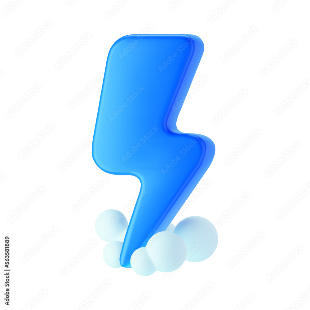 3d blue thunderbolt with smoke clouds, lightning icon isolated on white background. Render of lightning hit, electric strike, flash of thunderbolt. 3d cartoon simple vector illustration 3d blue thunderbolt with smoke clouds, lightning icon isolated on white background. Render of lightning hit, electric strike, flash of thunderbolt. 3d cartoon simple vector illustration