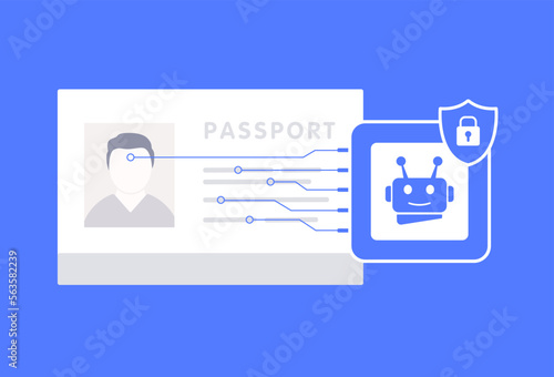Increasing use of AI in travel and border control, AML, KYC, emphasizing the importance of secure identification and the need for privacy. Passport being scanned by artificial intelligence