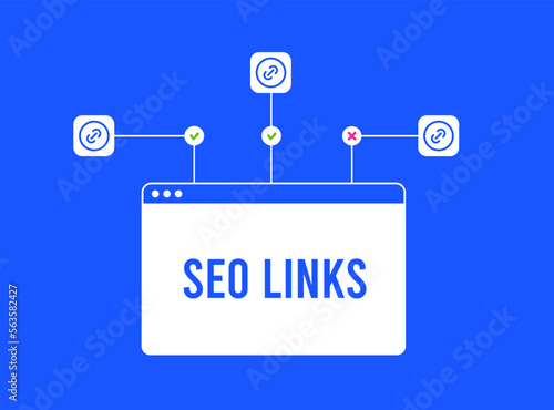 Illustration of a browser with the inscription SEO Links, highlighting the difference between live backlinks and dead broken seo links for website search engine ranking.