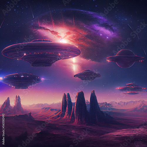 Alien spaceship in the sky with galaxies and stars, ai illustration