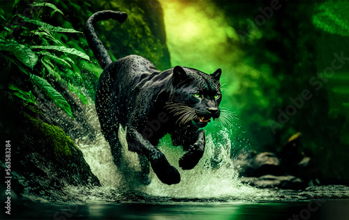 Majestic Panther runs on water in jungle. Dangerous animal. Wildlife animal. digital art, generative ai