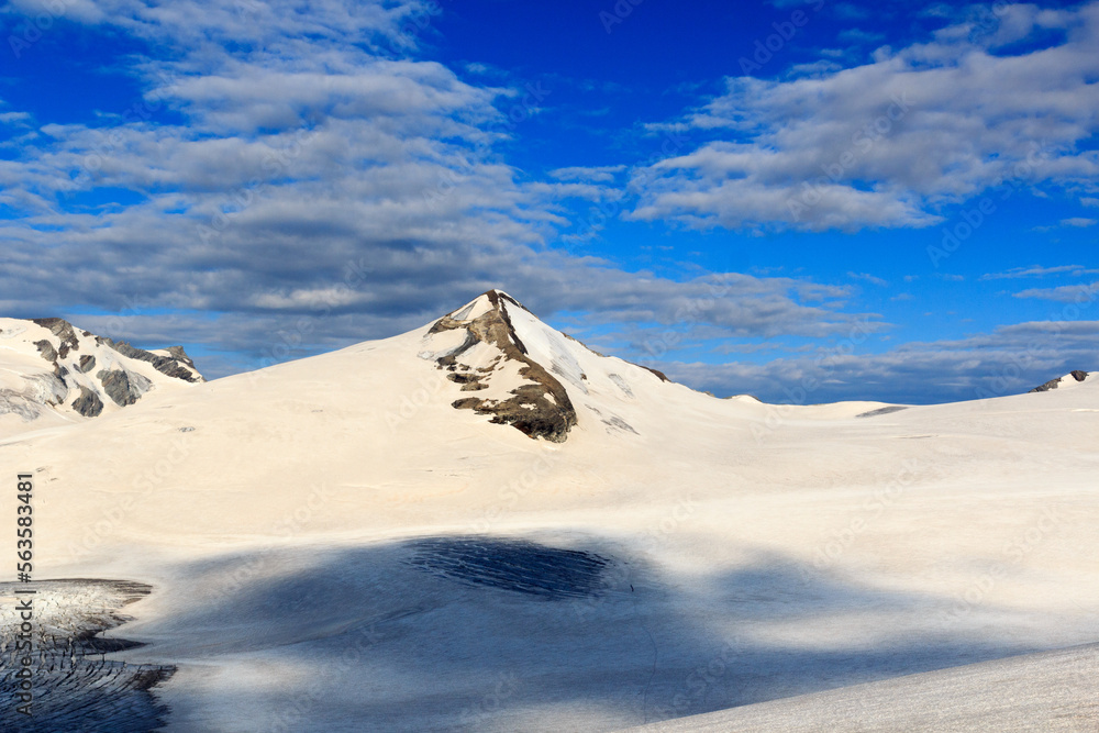 Mountain snow panorama and summit Johannisberg (High Tauern) in Glockner Group, Austria