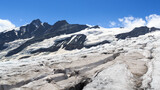 Mountain Grossglockner panorama and glacier Pasterze with icefall Hufeisenbruch and crevasses in Glockner Group, Austria
