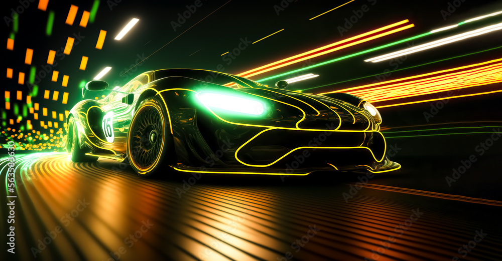  Lights of cars with night. Speeding Sports Car On Neon Highway. Powerful acceleration of a supercar on a night track with colorful lights and trails, generative ai