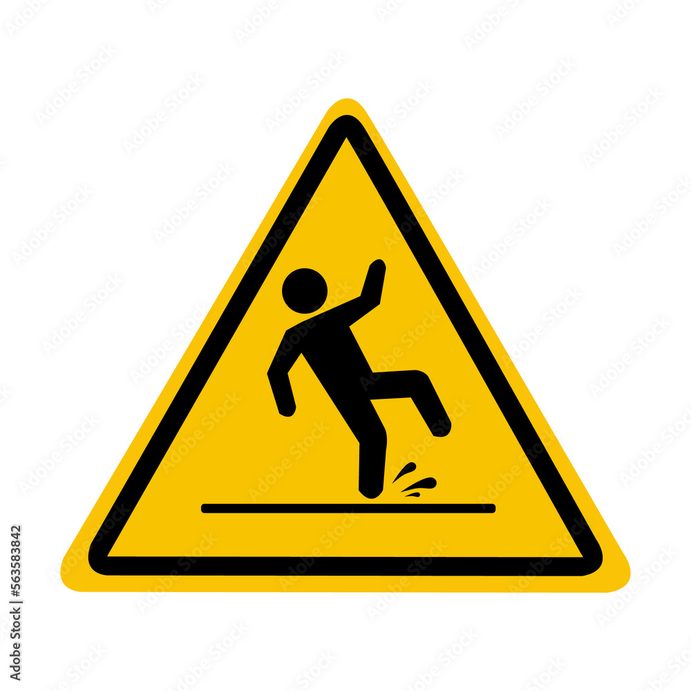 Slippery wet floor. The falling man is highlighted on the yellow triangle. Caution and warning. Slippery wet floor. The falling man is highlighted on the yellow triangle. Caution and warning.