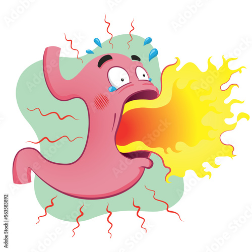 Stomach mascot with heartburn and burning. Anatomy and symptom. Ideal for training and education materials