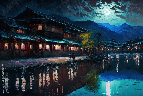 oil painting style illustration of town landscape in night time, Lijiang Ancient city, Yunnan, China Generative Ai	
