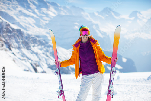 Ski and snow fun in winter mountains