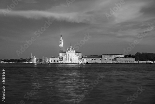 Saint George island in Venice, Italy during the twilight ours of the evening after sunset in black and white
