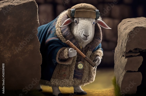 illustration of cute animal fashion wearing costume as archeologist with ancient historical site as blur background , professor sheep Generative Ai 