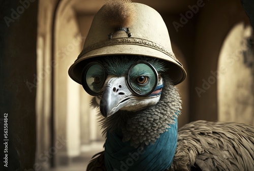 illustration of cute animal fashion wearing costume as archeologist with ancient historical site as blur background , professor ostrich Generative Ai 