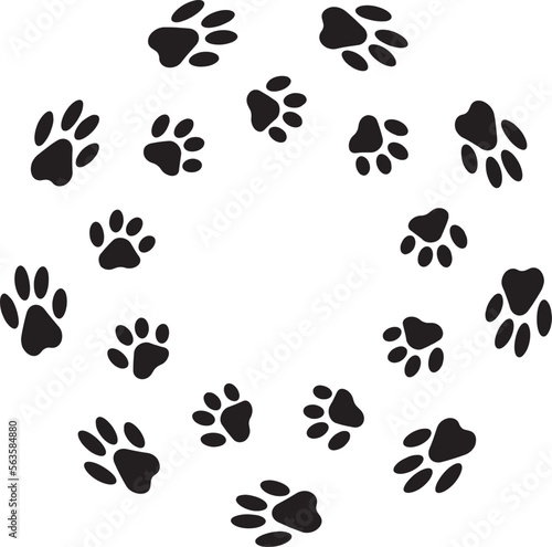 Paw  foot trail print of cat. Dog  puppy silhouette animal diagonal tracks.