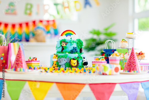 Photography Kids birthday cake. Child jungle theme party.