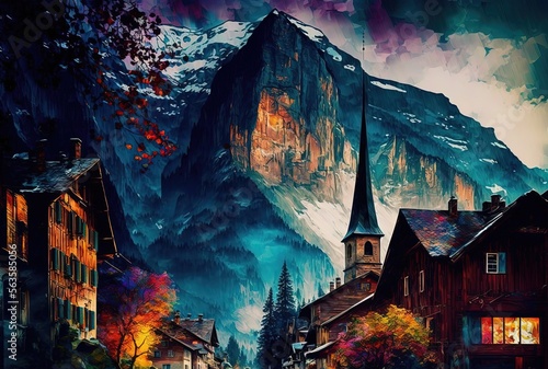 oil painting style illustration of beautiful valley village, inspired from Lauterbrunnen village Switzerland Generative Ai © QuietWord