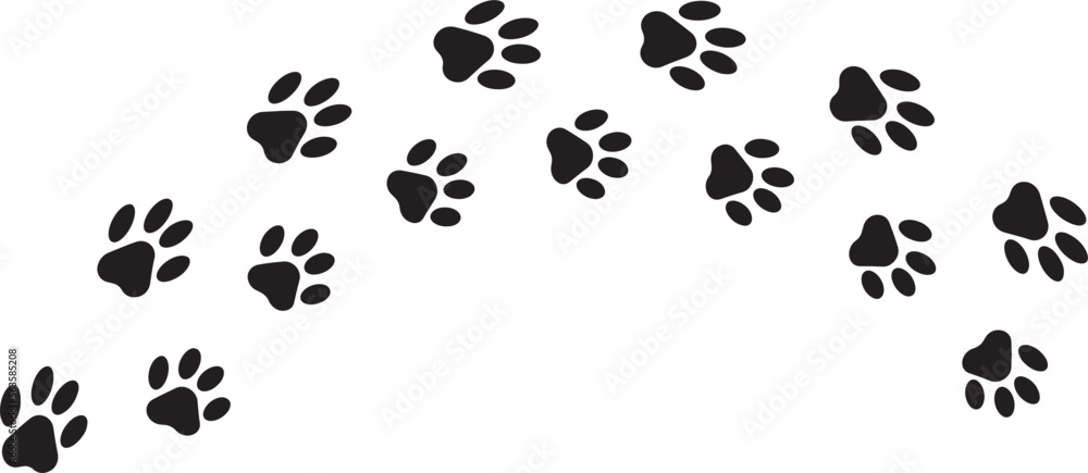 Fototapeta premium Paw foot trail print of cat. Dog, puppy silhouette animal diagonal tracks.