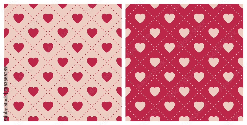 Trend color of the year 2023 Viva Magenta. Seamless heart shape pattern background. Design texture elements for fabric, tile, banner, card, cover, poster, backdrop, wall. Vector illustration. Trend color of the year 2023 Viva Magenta. Seamless heart shape pattern background. Design texture elements for fabric, tile, banner, card, cover, poster, backdrop, wall. Vector illustration.