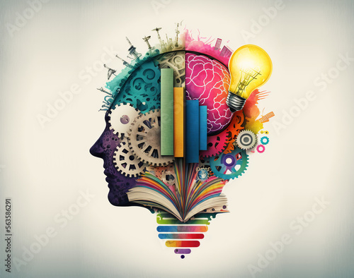 Knowledge and ideas in the human head - Illustration, education collage photo