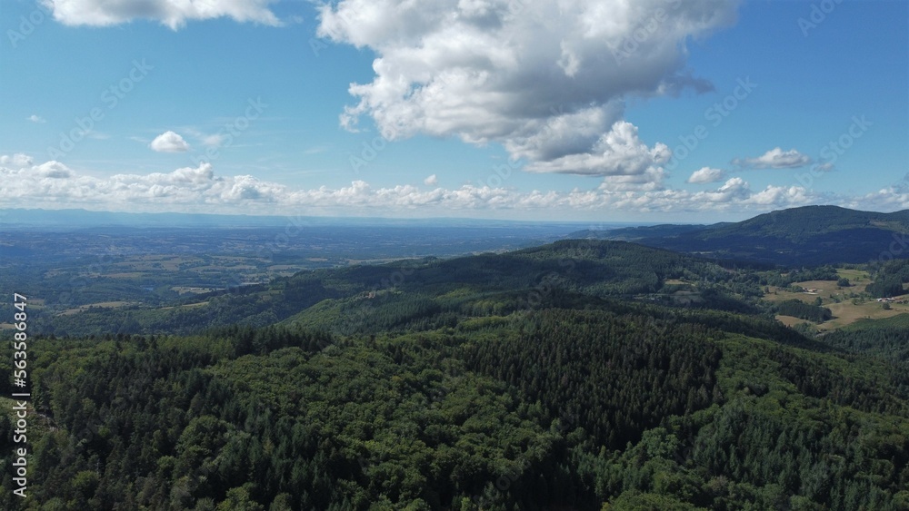 Photographie aérienne de forêts et de montagnes en Auvergne, France