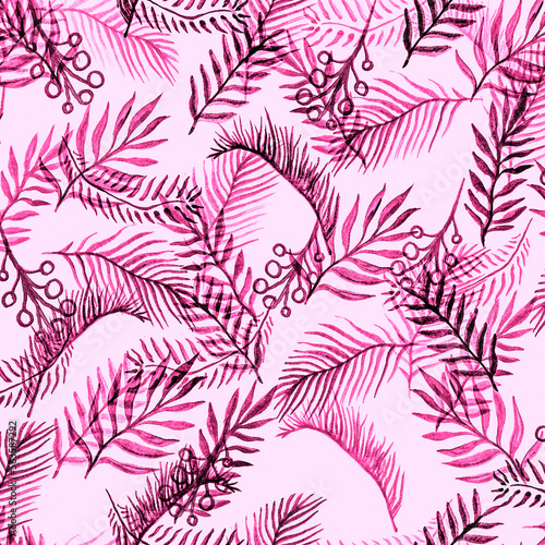 Leaves Background Watercolor. Pastel Creative Leaves. Jungle Tropic. Bright Watercolor Foliage Pattern. Blur Hawaii Prints. Lilac Tropical Palm Leaf Pattern.