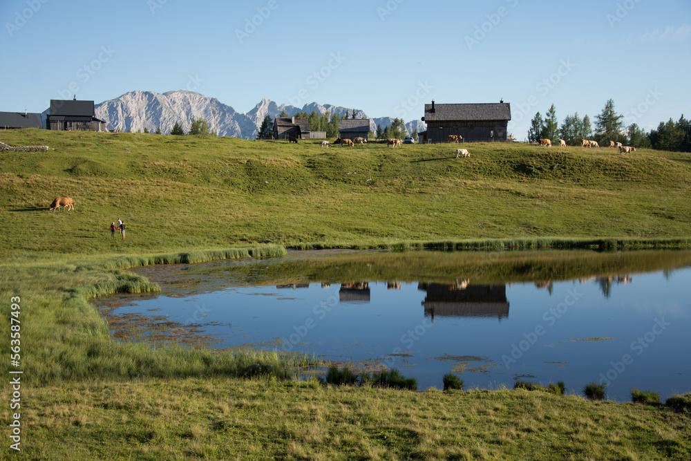 Almsee und Almhütte auf der Tauplitzalm in Österreich Almsee und Almhütte auf der Tauplitzalm in Österreich