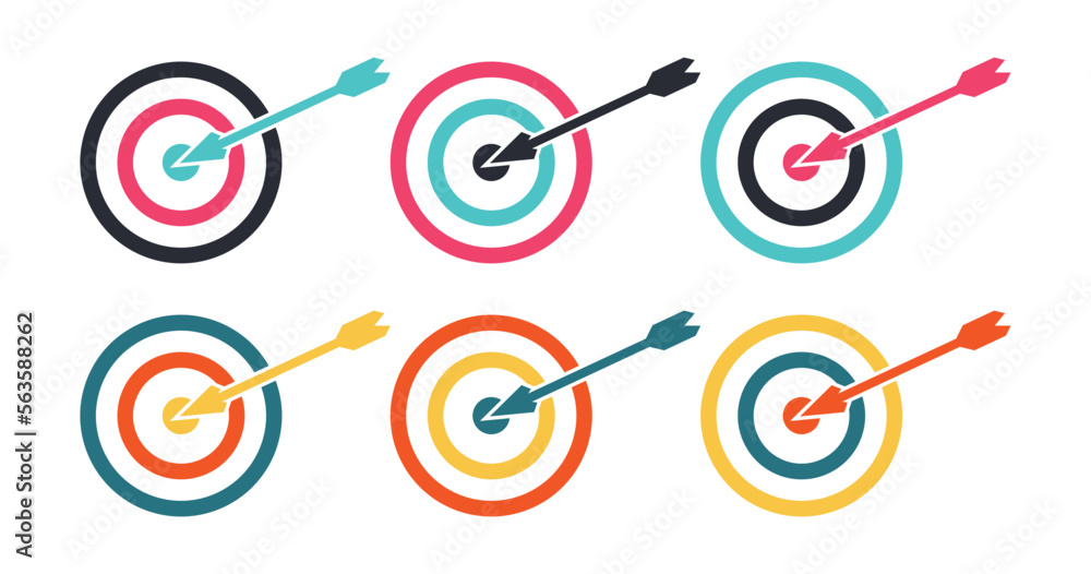 Target and Target Icon Set with different colors. Vector illustration on white background. Target and Target Icon Set with different colors. Vector illustration on white background.