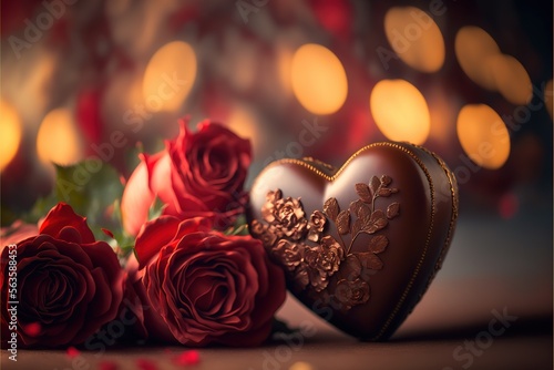 valentine day celebration with red roses, chocolates, candles, and champagnes with red bokeh background. red heart bokeh valentine background. Generative AI