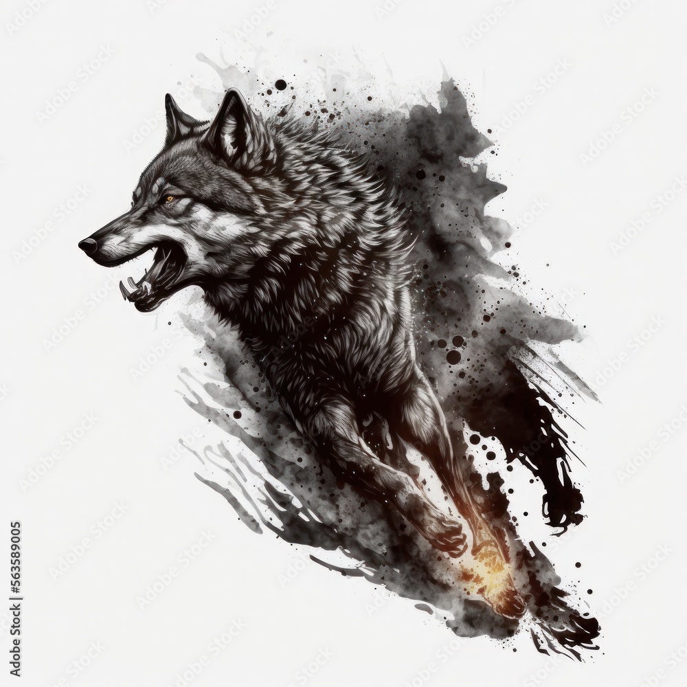 Fototapeta wolf attacking, tattoo, White background