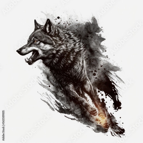 wolf attacking, tattoo, White background