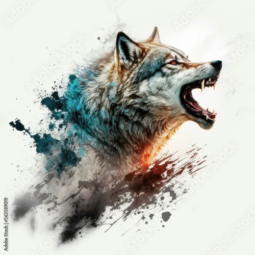 wolf attacking, tattoo, White background