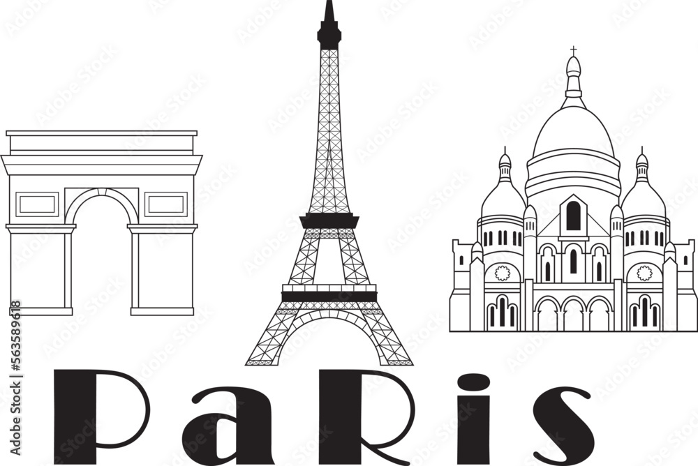 Set of Paris Landmarks and Monuments isolated on white background. Vector Silhouette