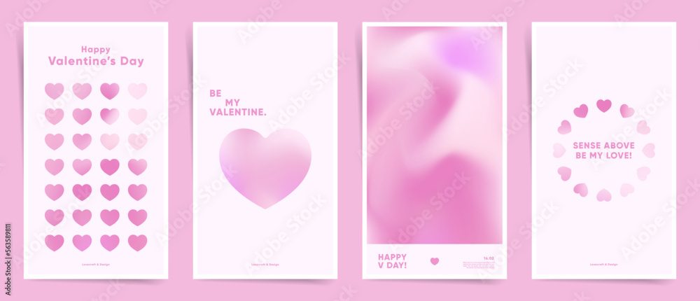 Valentine's day February 14 stories design template set. Sensual intimate and cute pink design stories for greeting cards, placards, abstract backgrounds. Romantic gradient and heart shaped graphic.
