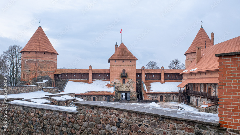 Vew of the old fortification walls of Trakai Castle, built on Galve Lake island, town of Trakai, near Vilnius, Lithuania