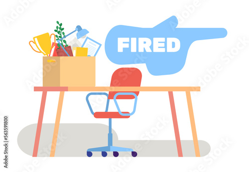 Box of personal belongings. Getting fired from your job. Hit by redundancy. Work dismissal. Empty table and chair. Office workspace. Hand pointer sign. Packing clothes. Vector concept