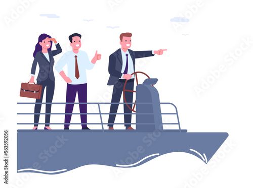 Business leader at helm of company points team in right direction. Businessmen driving boat. Ship wheel. Corporate strategy. Teamwork management. Searching decision. Vector concept