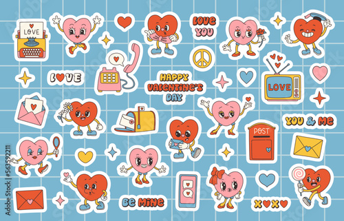 Retro Groovy Valentines day stickers set with slogans about love. Groovy hearts. Trendy 70s cartoon style. © spirka.art