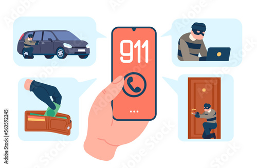 Call emergency service after breaking into apartment. Burglar car and home doors. Computer crime. Money theft. Hacker phishing. Smartphone in hand. Telephone number. Vector concept