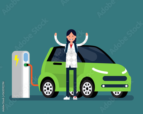 Woman electric car is charged at station. Vector illustration eco car concept