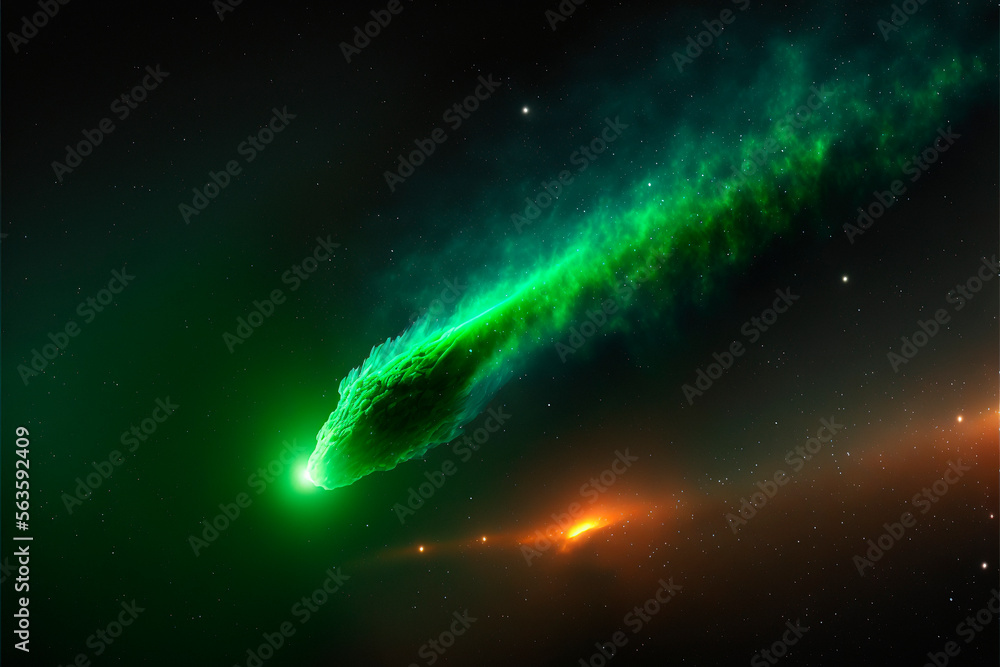  A bright green comet surrounded by a nebula. Generative AI - obrazy, fototapety, plakaty 