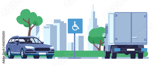 Disabled persons car is parked near parking sign for handicap. Handicapped auto owners. Male in wheelchair driving automobile. City accessibility. Driver with disabilities. Vector concept