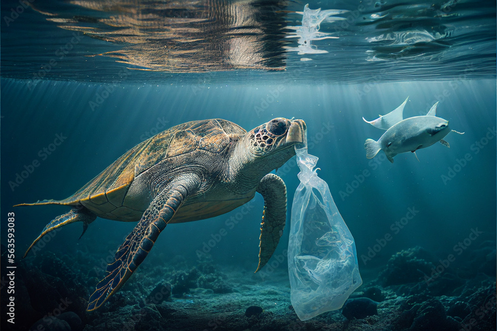 Large sea turtle swimming in the sea stuck in a plastic bag of garbage