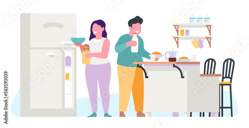 Fat man and woman eating near refrigerator. Hungry people. Unhealthy nutrition habits. Persons overeating. Kitchen interior. Couple holding meal products. Dinner cooking. Vector concept