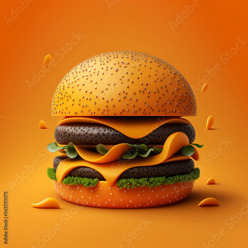 Amazing homemade beef burger with juicy meat and vegetables on a orange background generative ai