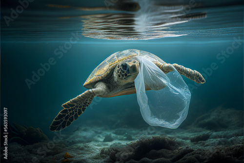 Large sea turtle swimming in the sea stuck in a plastic bag of garbage, underwater world, the concept of the problem of garbage and waste disposal in the world, eco crisis, extinction. generative AI © VICHIZH