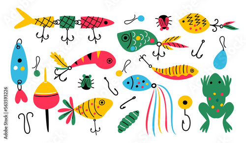 Fishing baits. Differents colorful tackle and accessories with hooks and floats. Imitation of insects and fish. Rod spinner. Angling bobber with tail. Vector garish plastic lures set