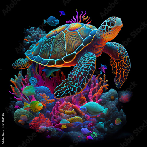 Sea turtle in corals. AI generative.