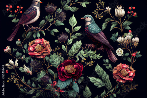 Textile pattern pattern of birds on branches flowers and plants in floral and animalistic style on black background, space for text. generative AI